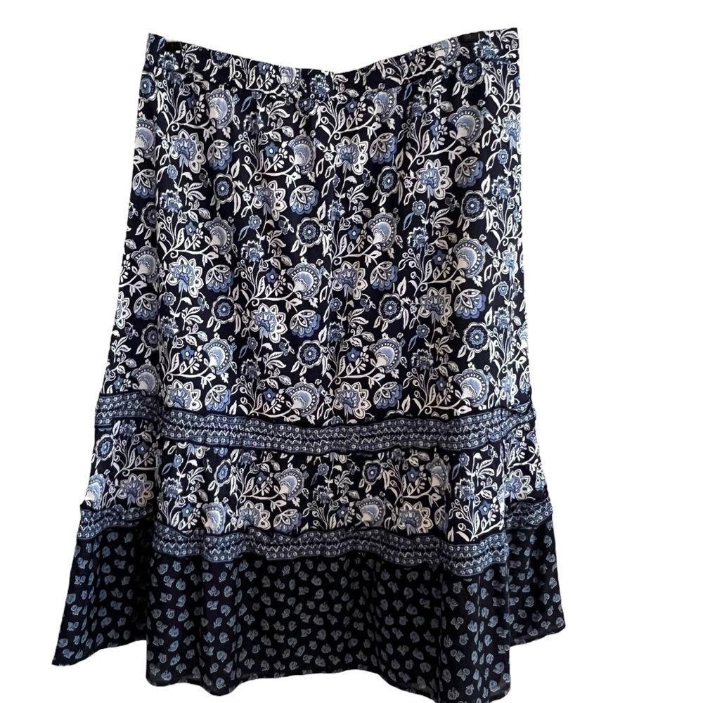 J Jill Womens Floral Peasant Midi Skirt Size L Ruffle Tiered Boho Cottagecore